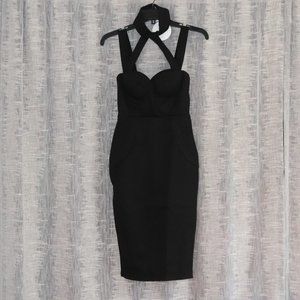 Sexy Black Midi Dress with Neck Collar